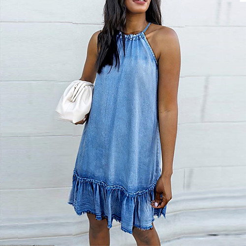 

Women's Denim Dress Short Mini Dress Blue Sleeveless Solid Color Backless Ruffle Summer Halter Neck Casual 2021 S M L XL / Cotton