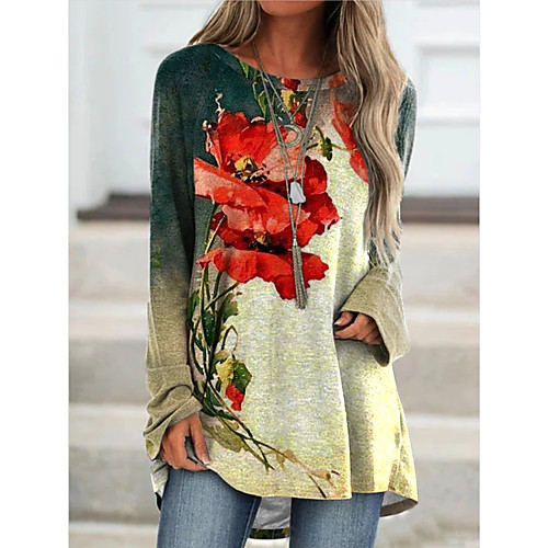 

Women's T shirt Flower Long Sleeve Round Neck Basic Tops Rainbow