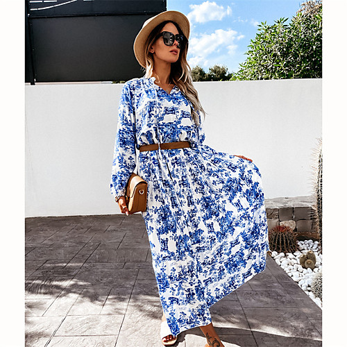 

Women's A Line Dress Maxi long Dress Navy Blue Long Sleeve Abstract Spring, Fall, Winter, Summer Casual 2021 S M L XL XXL