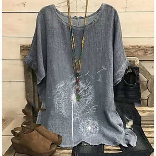 

Women's Plus Size Tops Blouse Shirt Graphic Dandelion Short Sleeve Round Neck Spring Summer Gray Big Size L XL XXL XXXL