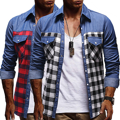 

Men's Shirt Lattice Long Sleeve Vacation Tops Sports White Red