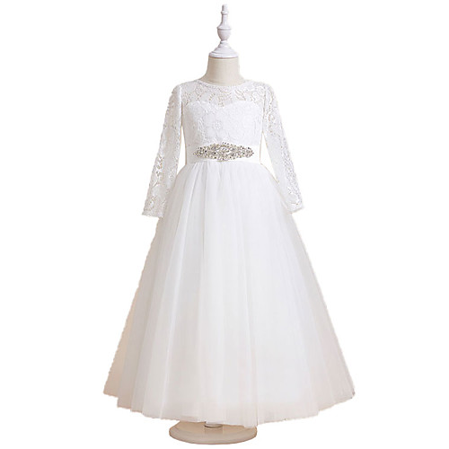 

A-Line Floor Length Flower Girl Dresses Party Chiffon Long Sleeve Jewel Neck with Solid