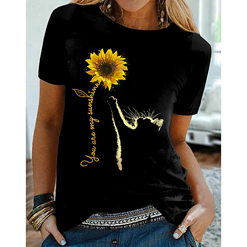 

Women's Floral Theme Cat Painting T shirt Cat Text Sunflower Print Round Neck Basic Tops Black
