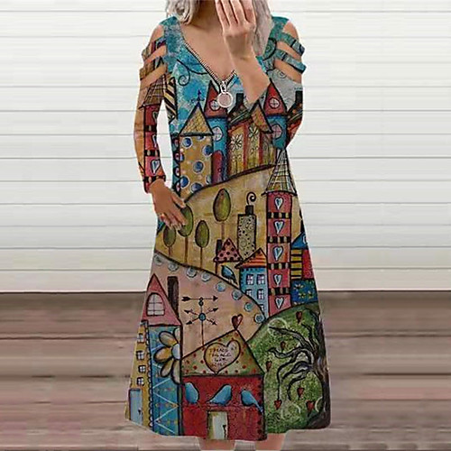 

Women's A Line Dress Knee Length Dress Blue Purple Yellow Gray Long Sleeve Abstract Zipper Print Fall Summer V Neck Casual 2021 S M L XL XXL