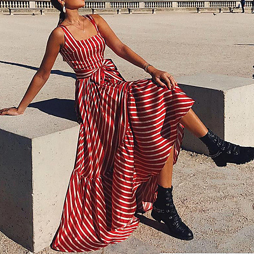 

Women's A Line Dress Midi Dress Red Sleeveless Striped Lace up Ruffle Summer Square Neck Casual 2021 S M L XL XXL
