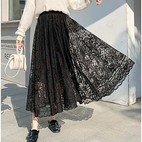 

Women's Date Weekend Basic Streetwear Maxi Skirts Solid Colored Tulle Lace Black Beige