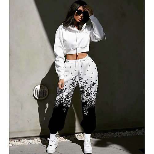 

Women's Streetwear Sweatpants Comfort Going out Weekend Jogger Pants Flower / Floral Color Block Full Length Elastic Drawstring Design Print Black