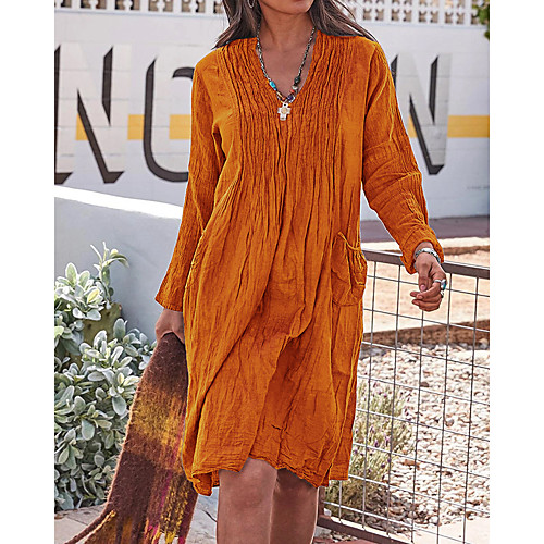 

Women's Loose Knee Length Dress Light Blue Chocolate color Gray Orange Black Long Sleeve Solid Color Summer Casual 2021 S M L XL XXL XXXL 4XL 5XL