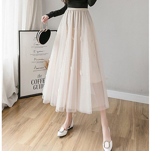 

Women's Casual / Daily Weekend Basic Streetwear Ankle-Length Skirts Solid Colored Beaded Layered Tulle Blushing Pink Green Black