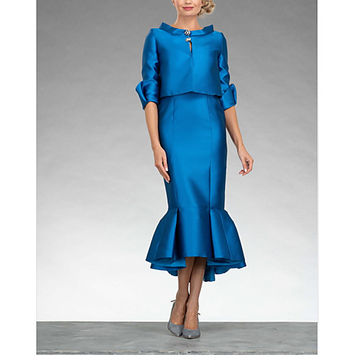 

Two Piece Mermaid / Trumpet Mother of the Bride Dress Elegant Jewel Neck Tea Length Stretch Satin Half Sleeve with Pleats Ruffles 2021