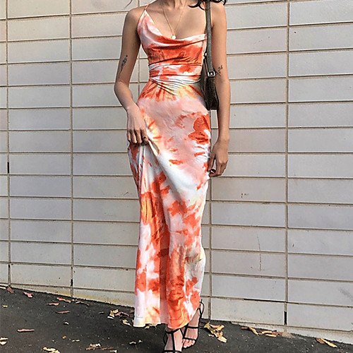 

Women's Sheath Dress Maxi long Dress Orange Sleeveless Floral Backless Split Print Summer V Neck Casual Sexy 2021 S M L XL XXL 3XL