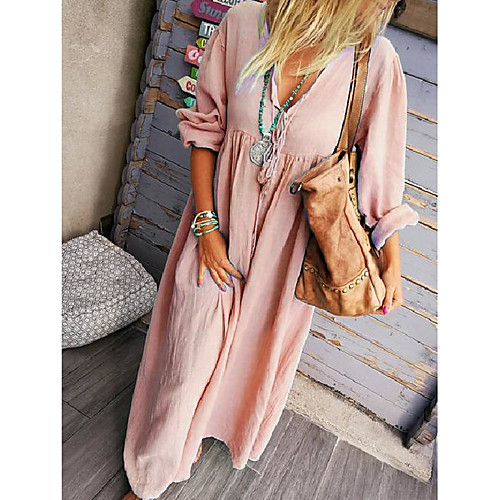 

Women's Loose Maxi long Dress Blue Blushing Pink Green Long Sleeve Solid Color Ruched Lace up Fall Spring Deep V Casual 2021 S M L XL XXL XXXL
