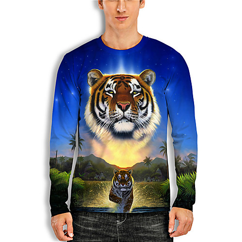 

Men's Unisex Tee T shirt Shirt 3D Print Graphic Prints Tiger Print Long Sleeve Daily Tops Casual Designer Big and Tall Blue