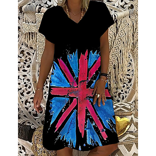 

Women's T Shirt Dress Tee Dress Knee Length Dress Black Short Sleeve Print Flag Print Spring Summer V Neck Casual Holiday 2021 S M L XL XXL 3XL