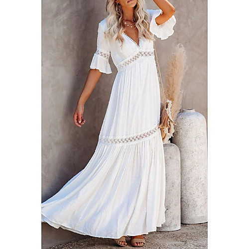 

Women's Swing Dress Maxi long Dress Half Sleeve Solid Color Spring Summer V Neck Elegant & Luxurious 2021 S M L XL XXL