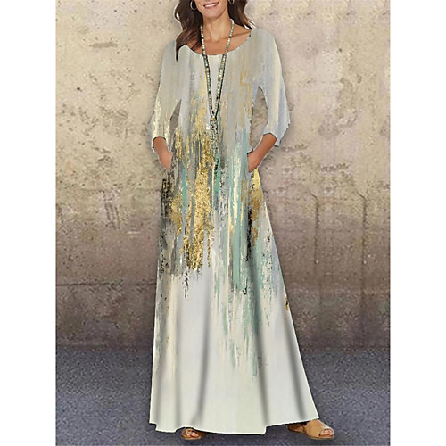 

Women's Shift Dress Maxi long Dress Beige 3/4 Length Sleeve Print Color Gradient Print Spring Summer Round Neck Casual Holiday 2021 S M L XL XXL 3XL
