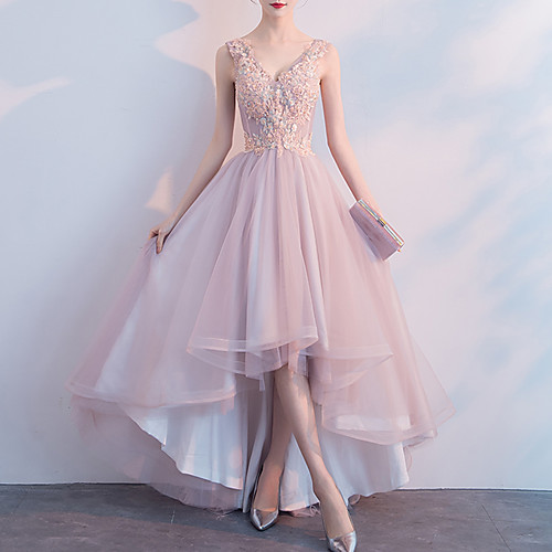 

A-Line Elegant Floral Party Wear Cocktail Party Dress V Neck Sleeveless Asymmetrical Tulle with Pleats Appliques 2021
