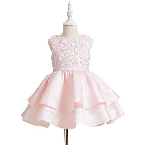 

A-Line Knee Length Flower Girl Dresses Party Satin Sleeveless Jewel Neck with Tier