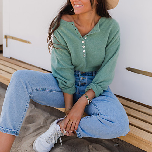 

Women's Basic Casual Solid Color Pullover Long Sleeve Sweater Cardigans Round Neck Blushing Pink Green White