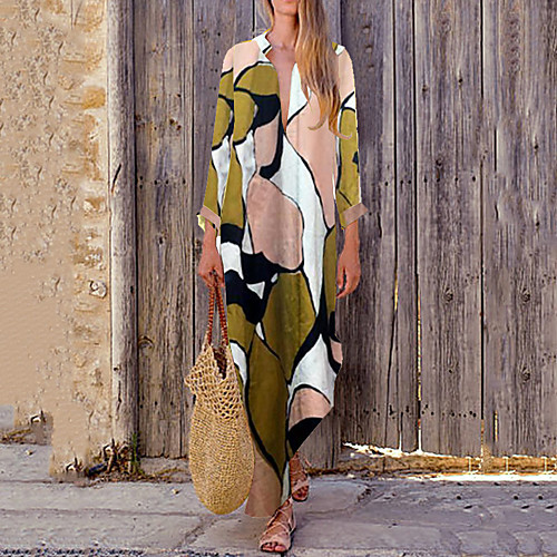 

Women's Loose Maxi long Dress Green Long Sleeve Print Summer Casual 2021 S M L XL