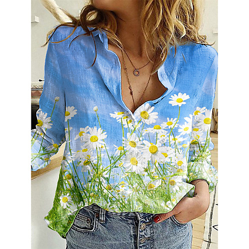 

Women's Floral Theme 3D Printed Blouse Shirt 3D Flower Daisy Long Sleeve Button Print Shirt Collar Basic Tops Blue