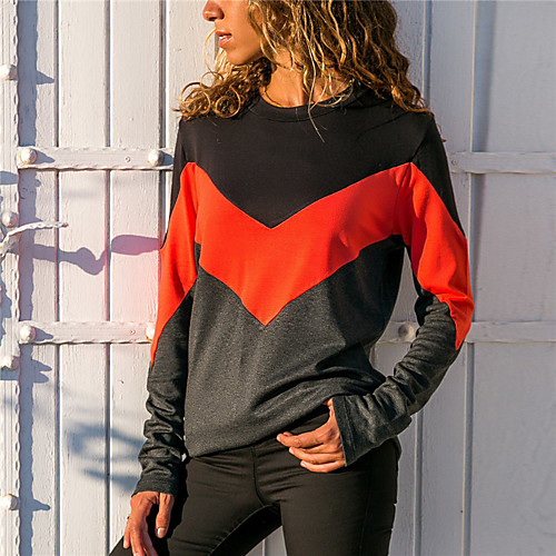 

Women's Geometric T shirt Color Block Long Sleeve Patchwork Round Neck Basic Tops Blue Purple Yellow