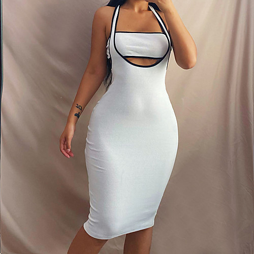 

Women's Sheath Dress Knee Length Dress White Sleeveless Solid Color Backless Summer Halter Neck Casual Sexy 2021 S M L / Cotton