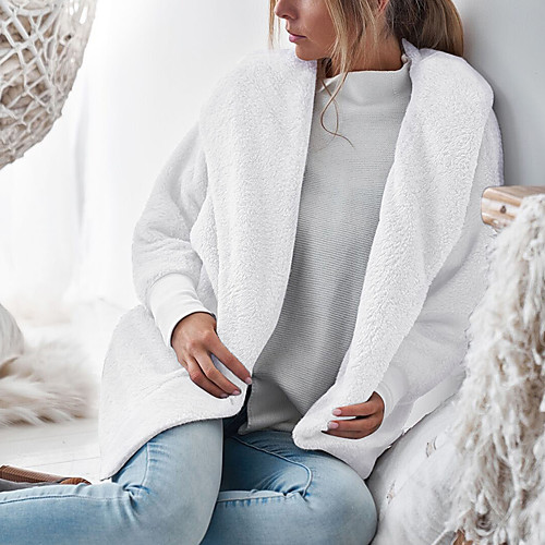 

Women's Teddy Coat Daily Fall & Winter Regular Coat Shirt Collar Loose Streetwear Sophisticated Jacket Long Sleeve Solid Colored Fur Trim Blushing Pink White / Work