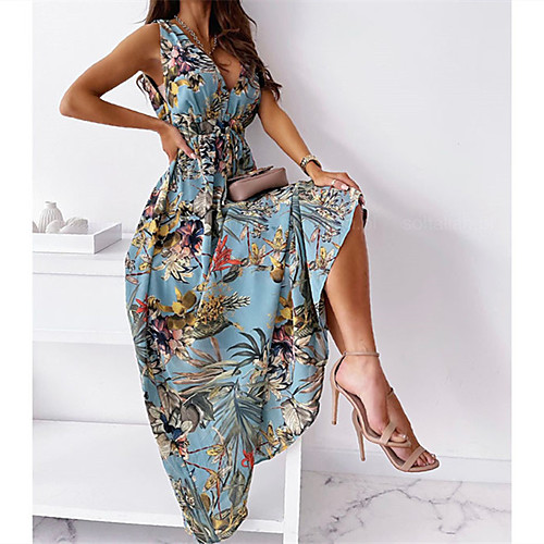 

Women's Swing Dress Maxi long Dress Blue Sleeveless Flower Ruched Ruffle Spring Summer Deep V Sexy 2021 S M L