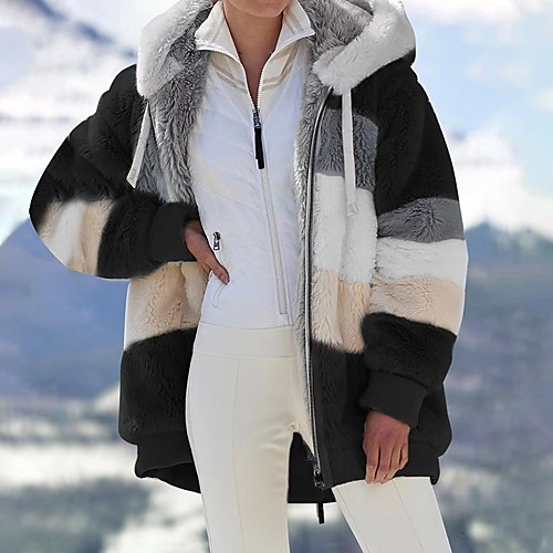 

Women's Coat Street Fall Winter Long Coat Loose Thermal Warm Windproof Casual Jacket Long Sleeve Color Block Patchwork Blue Purple