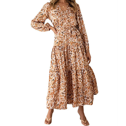 

Women's Swing Dress Maxi long Dress khaki Green Long Sleeve Flower Spring Summer V Neck Casual 2021 S M L XL / Cotton