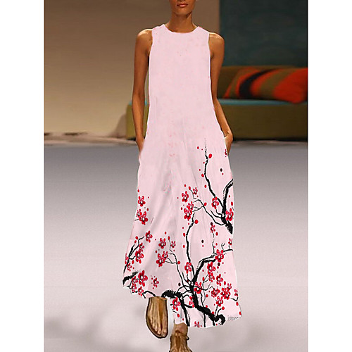 

Women's Shift Dress Maxi long Dress Blushing Pink Sleeveless Floral Print Fall Summer Round Neck Casual 2021 S M L XL XXL 3XL