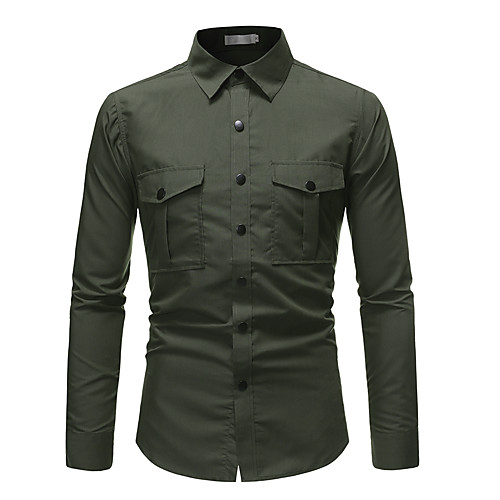 

Men's Shirt Solid Color Beaded Long Sleeve Casual Tops Military Style Pocket Army Green Black