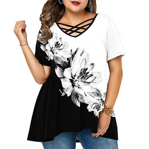 

Women's Plus Size Tops T shirt Floral Print Short Sleeve V Neck Streetwear Summer White Big Size L XL XXL 3XL 4XL