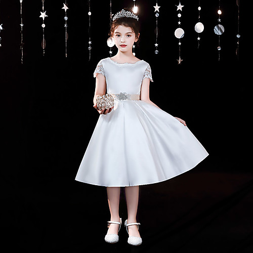 

A-Line Knee Length Flower Girl Dresses Party Satin Short Sleeve Jewel Neck with Solid