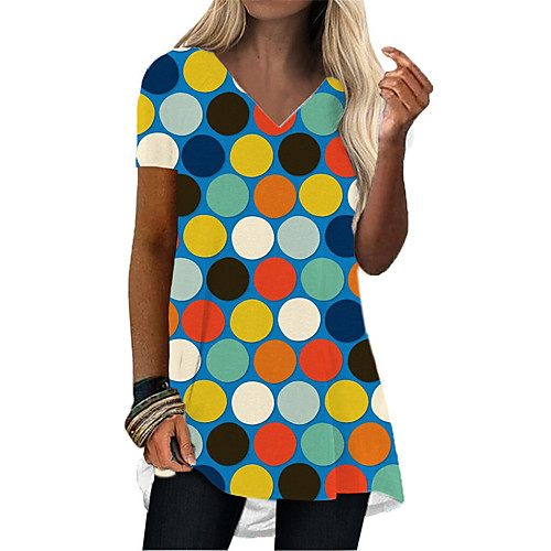 

Women's T Shirt Dress Tee Dress Short Mini Dress Rainbow Light Blue Short Sleeve Polka Dot Print Summer V Neck Casual 2021 S M L XL XXL 3XL