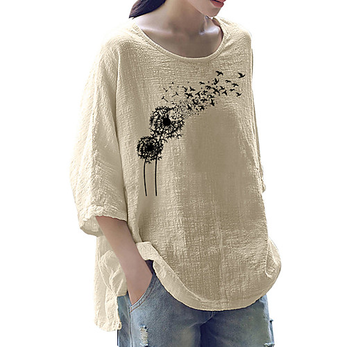 

Women's Blouse Shirt Graphic Dandelion Print Round Neck Basic Tops Cotton White Black Beige