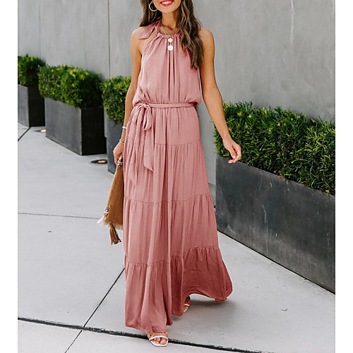

Women's A Line Dress Maxi long Dress ArmyGreen Yellow Blushing Pink Orange Black Dark Blue Sleeveless Solid Color Modern Style Summer Round Neck Sexy 2021 S M L XL