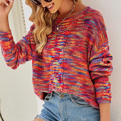 

Women's Stylish Striped Pullover Sweater Long Sleeve Sweater Cardigans Crew Neck Fall Winter Rainbow