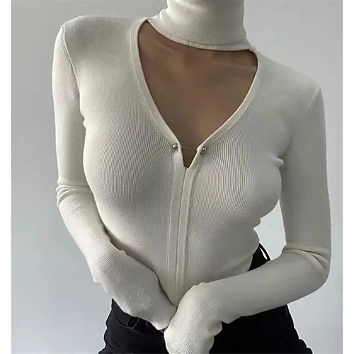 

Women's Solid Color Pullover Cotton Long Sleeve Sweater Cardigans High Neck White Black