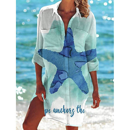 

Women's Shirt Dress Short Mini Dress Blue Royal Blue White Light Blue Long Sleeve Starfish Turtle Print Spring Summer Collar Casual 2021 S M L XL XXL 3XL