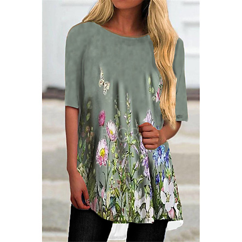 

Women's T Shirt Dress Tee Dress Short Mini Dress Gray Half Sleeve Floral Print Fall Summer Round Neck Casual 2021 S M L XL XXL 3XL