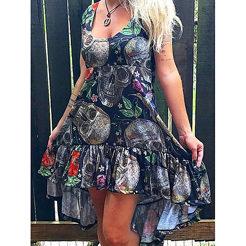 

Women's Swing Dress Short Mini Dress Black Short Sleeve Skeleton Ruffle Plus High Low Spring Summer Deep U Active 2021 S M L XL XXL XXXL