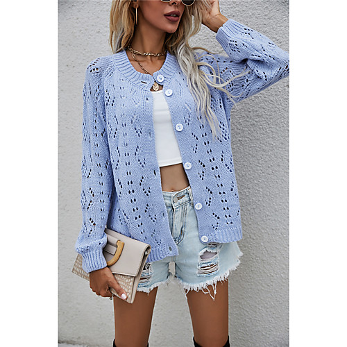 

Women's Casual Pure Color Solid Color Cardigan Sweater Long Sleeve Sweater Cardigans Round Neck Fall Spring Blue Blushing Pink Orange