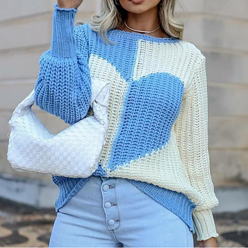

Women's Elegant Casual Color Block Knitted Heart Geometric Pullover Sweater Long Sleeve Lantern Sleeve Loose Sweater Cardigans Round Neck Fall Winter Spring Blue Purple Blushing Pink / Holiday