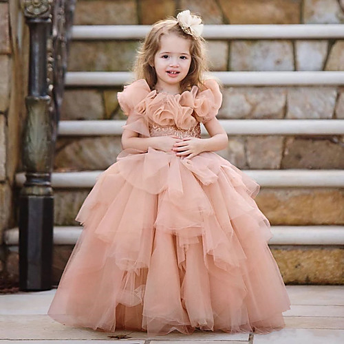 

Princess Floor Length Flower Girl Dresses Party Lace Sleeveless Jewel Neck with Tier