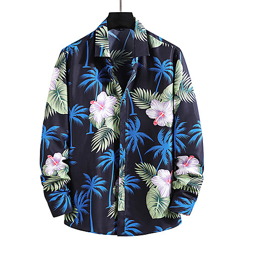 

Men's Shirt Other Prints Floral Graphic Print Long Sleeve Casual Tops Tropical Hawaiian Beach White Black