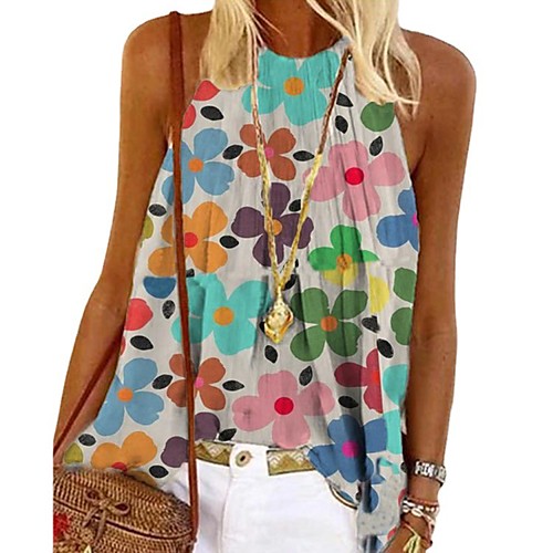 

Women's Floral Theme Tank Top Vest Flower Print Halter Neck Basic Streetwear Tops Cotton Rainbow