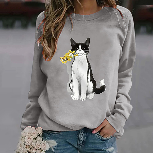 

Women's Floral Theme 3D Cat Painting T shirt Floral Cat 3D Long Sleeve Print Round Neck Basic Tops Gray Green White