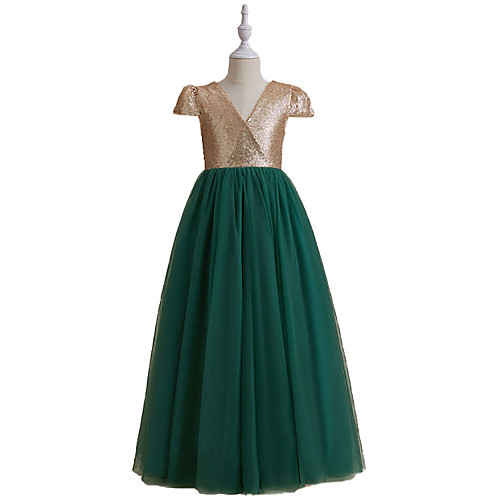 

A-Line Floor Length Flower Girl Dresses Party Chiffon Short Sleeve V Neck with Pleats
